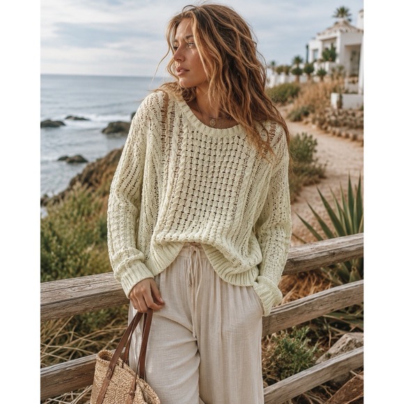 American Eagle Outfitters Sweaters - Y2K American Eagle Open Knit Sweater Crochet Boho Women's M Coastal Chunky